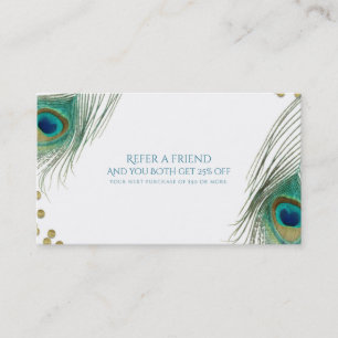 Cartão De Indicação Penas de Pavão & Dourado Boho Glam Indique um Amig