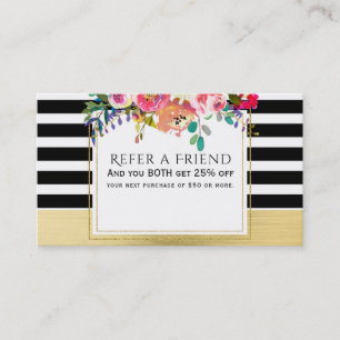 Cartão De Indicação Preto Branco Dourado Moderno Floral Glam Indique u