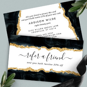 Cartão De Indicação Preto e Dourado Elegante Aquarela