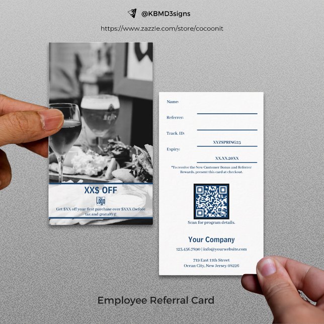 Cartão De Indicação Recompensa de Empregado com Desconto do Cliente na (Stylish New Customer Discount Employee Reward Referral Card, Restaurant)