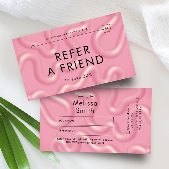 Cartão De Indicação Refer a Friend Trendy Pink Abstract Spa Salon (Girly 3D Effect blush pink refer a friend discount cards with modern type and minimal layout)