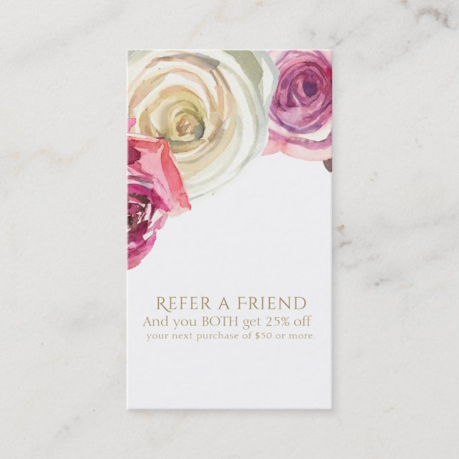 Cartão De Indicação Rosas Aquarela Rosa Branco Floral Indique um Amigo (Frente)