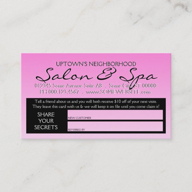 Cartão De Indicação segredos de beleza americanos referem um amigo (Frente)