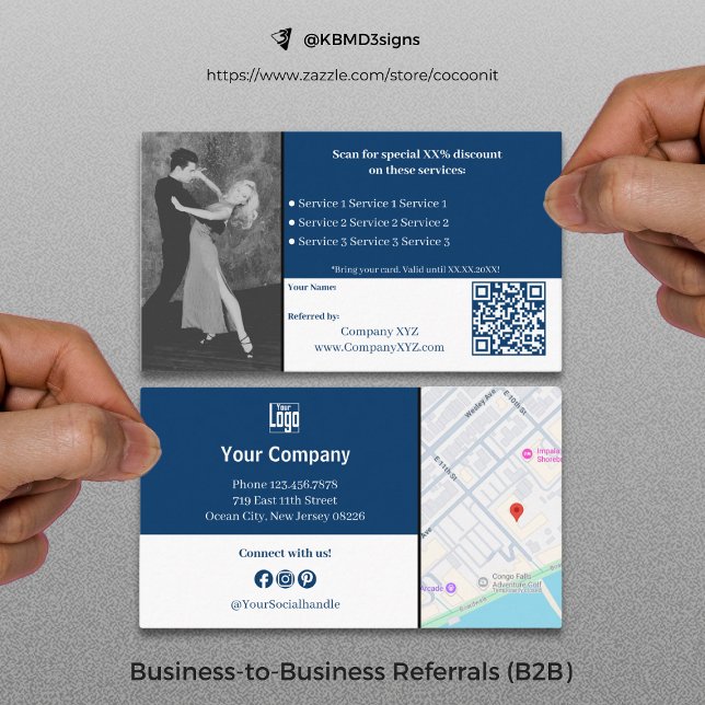 Cartão De Indicação Serviços B2B sofisticados Código QR Azul Branco (Sophisticated B2B Services QR Code Blue White Referral Card, Business to Business Collaboration)