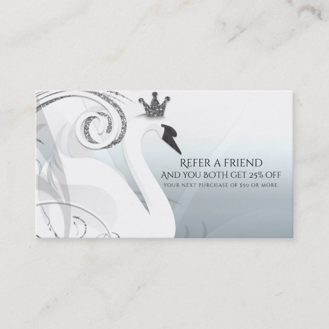 Cartão De Indicação Swan Princess Silver & White Refira um Amigo (Frente)