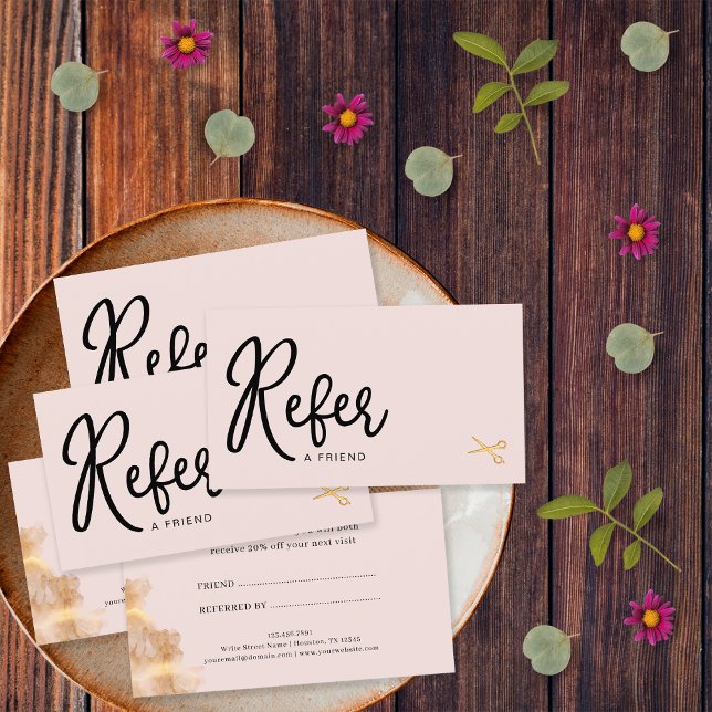 Cartão De Indicação Tesoura Dourada Elegante Hairstylist Salon Blush R (Front and Back)