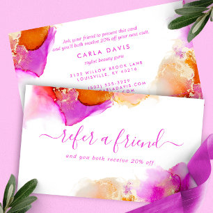 Cartão De Indicação Tinta Álcool de Aquarela Elegante Rosa e Laranja
