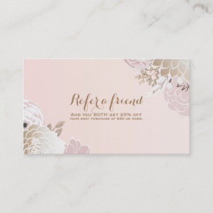 Cartão De Indicação Vintage Moderno Rosa & Floral Dourado Indique um A