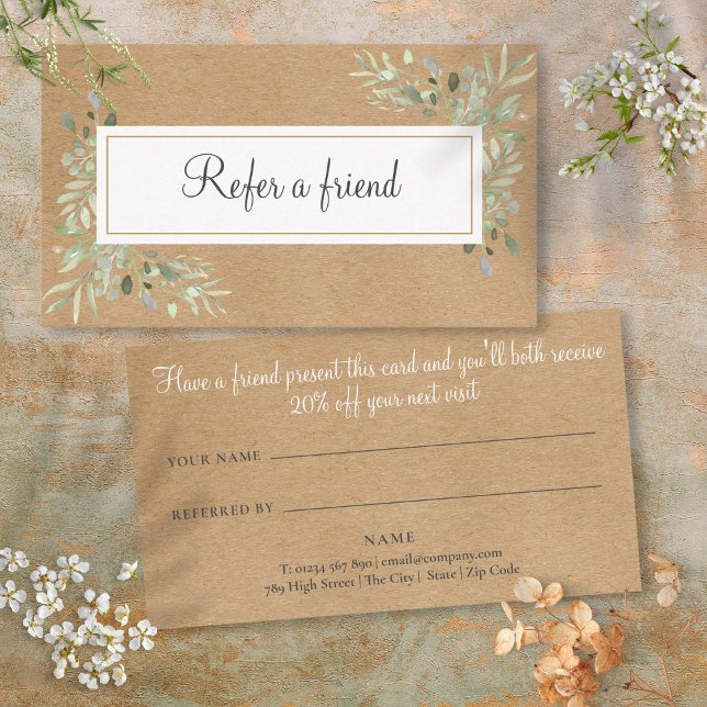 Cartão De Indicação Watercolor Greenery Rustic Kraft (Watercolor Greenery Rustic Kraft Referral Card)