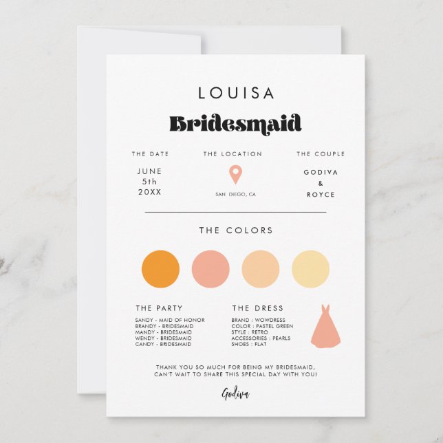 Cartão de informação Bridesmaid do Script Retroati (Frente)