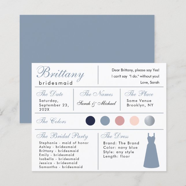 Cartão de Informação de Damas de Honra Prata Azul  (Frente/Verso)