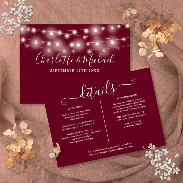 Cartão de Informação de Detalhes de Casamento com  (String Lights Burgundy Wedding Details Info Card)