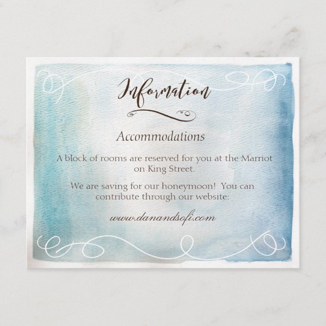 Cartão de Informação do Mar ou Céu Azul Aquarela (Frente)