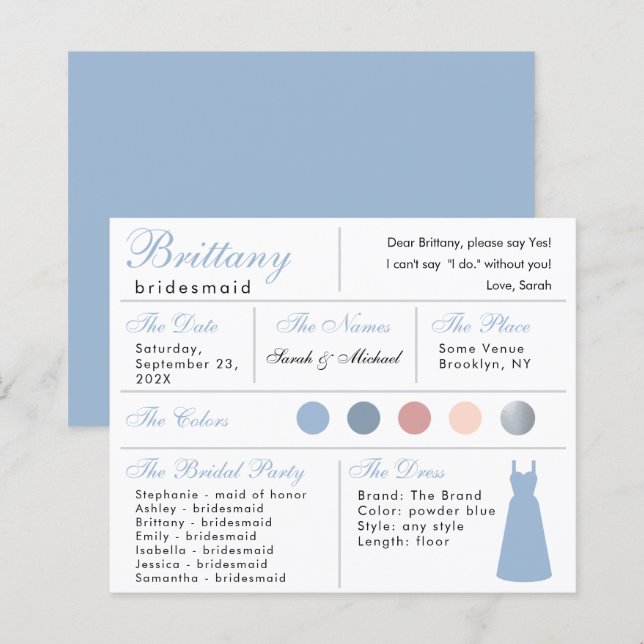 Cartão de Informação para Damas de Honra Azul-Pó d (Frente/Verso)