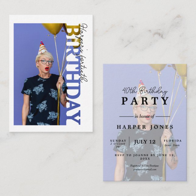 Cartão De Informações 40th Birthday Photo college Party  (Frente/Verso)