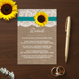 Cartão De Informações A Coleção de Casamento do Girassol Rústico - Turqu
