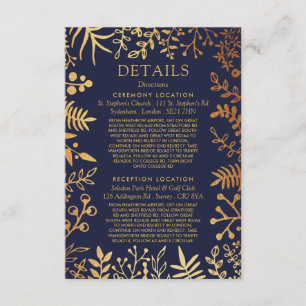 Cartão De Informações A Coleção de Casamento Floral Navy e Dourado Elega