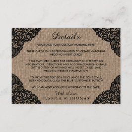 Cartão De Informações A Coleção de Noivas com Renda Preta em Burel Rústi