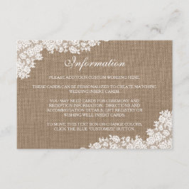 Cartão De Informações A Coleção Rústica de Lace Branco de Burlap & Vinta