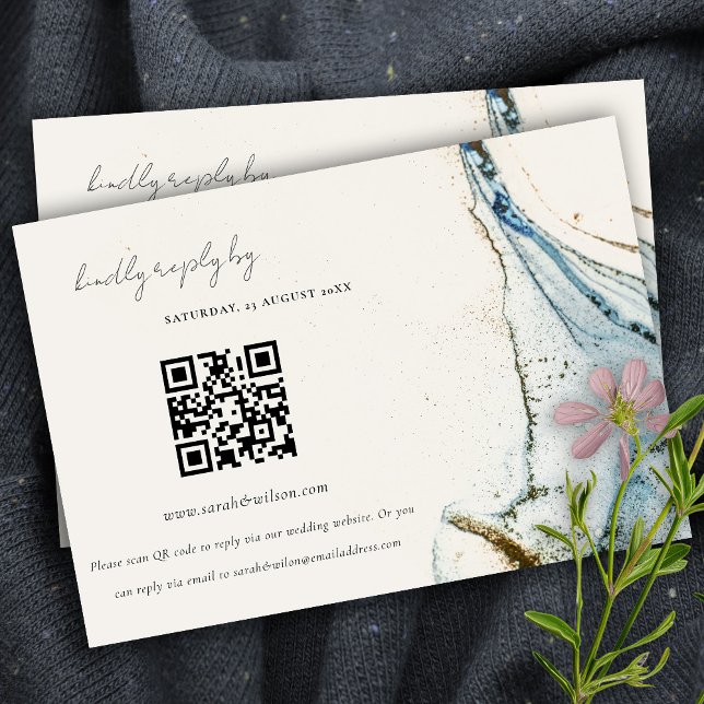 Cartão De Informações Abstrato Blue Dourado Beachy Weding Código QR RSVP (Criador carregado)