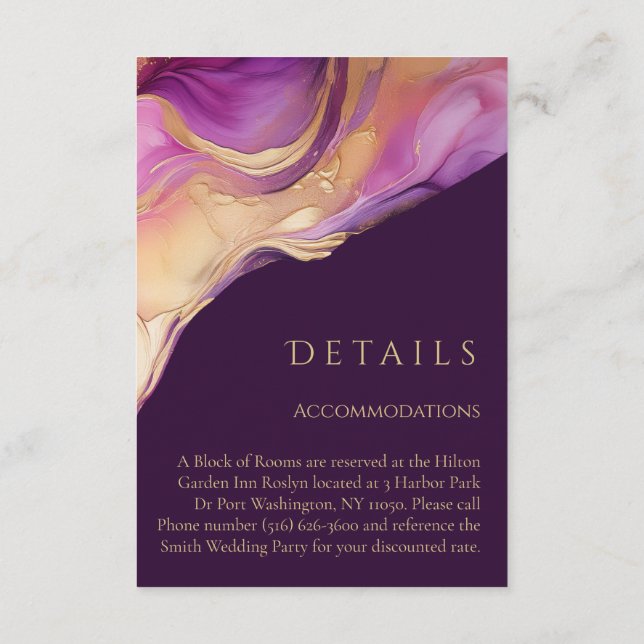Cartão De Informações Abstrato Roxo e Casamento Elegante Dourado Moderno (Verso)