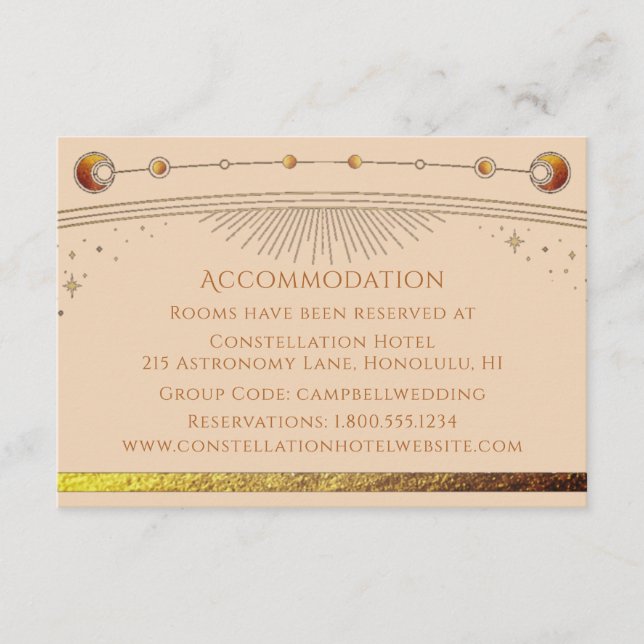 Cartão De Informações Acomodação Champagne Celestial Sol Lua Estrelas (Frente)