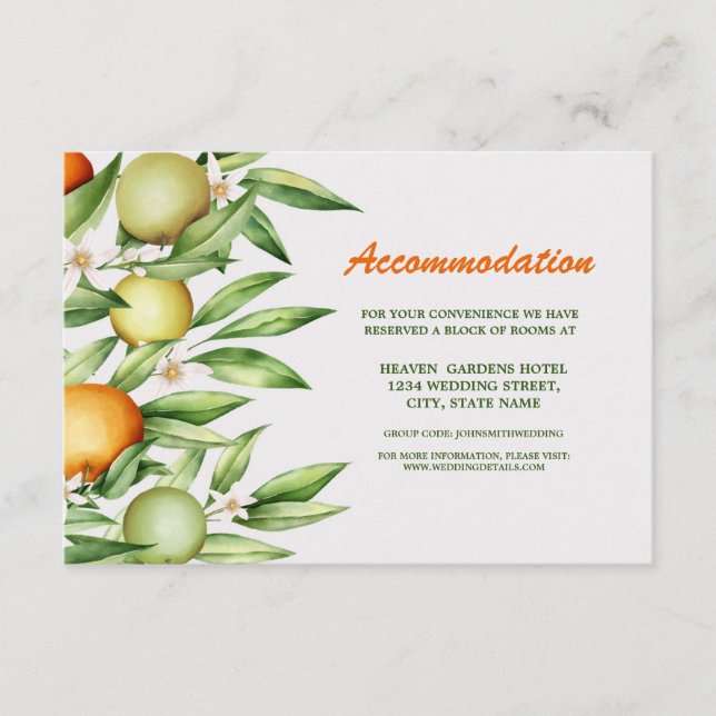Cartão De Informações Acomodação de Casamento de Fruta Laranja de Aquare (Frente)
