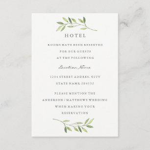 Cartão De Informações Acomodação de Hotel de Casamento com Folha Verde e