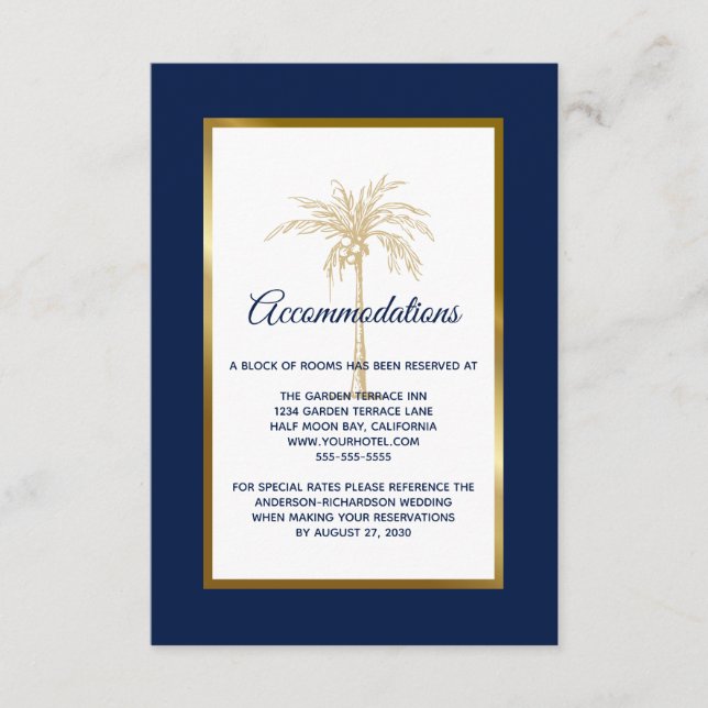 Cartão De Informações Acomodações de Casamento Elegantes Navy Gold Palm  (Frente)
