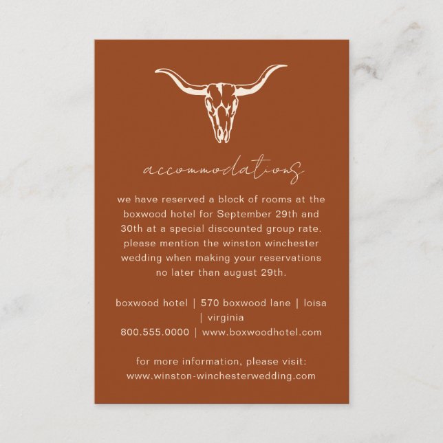 Cartão De Informações Acomodações Simples de Caveira de Vaca Boêmia Ocid (Frente)