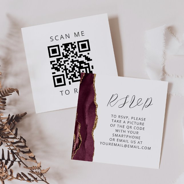 Cartão De Informações Agate Burgundy Dourado Casamento QR Code RSVP (Criador carregado)