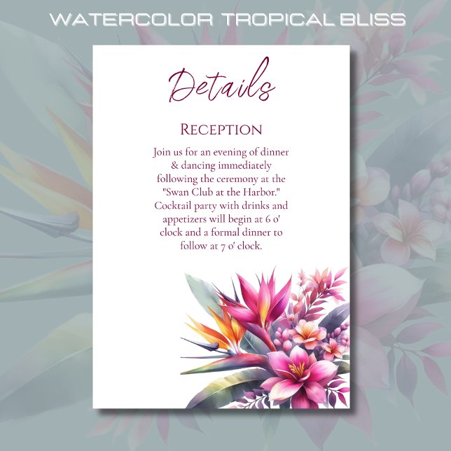 Cartão De Informações Alegria Tropical em Aquarela - Detalhes do Casamen (Watercolor Tropical Bliss Wedding Collection-Details)
