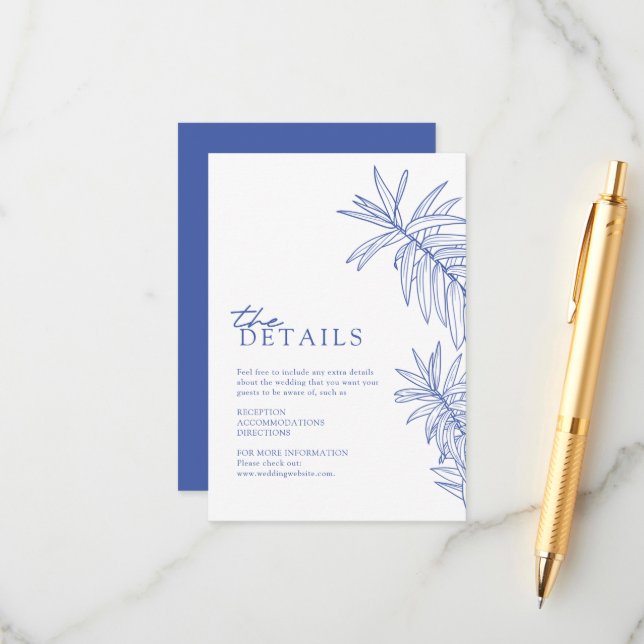 Cartão De Informações Algo Azul Elegante Botânico Deixa Detalhes (Frente/Verso In Situ)
