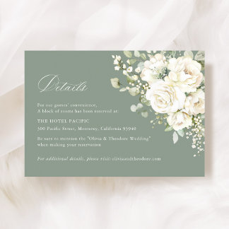 Cartão De Informações Alojamento de Casamento Floral Branco Verde Salvia