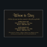 Cartão De Informações Alojamento de Casamento Preto e Dourado<br><div class="desc">As acomodações de casamento "Onde ficar" contêm fontes de estilo moderno e texto personalizado que podem ser personalizados. O texto Dourado e o fundo preto podem ser personalizados.</div>