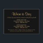 Cartão De Informações Alojamento de Casamento Preto e Dourado<br><div class="desc">As acomodações de casamento "Onde ficar" contêm fontes de estilo moderno e texto personalizado que podem ser personalizados. O texto Dourado e o fundo preto podem ser personalizados.</div>