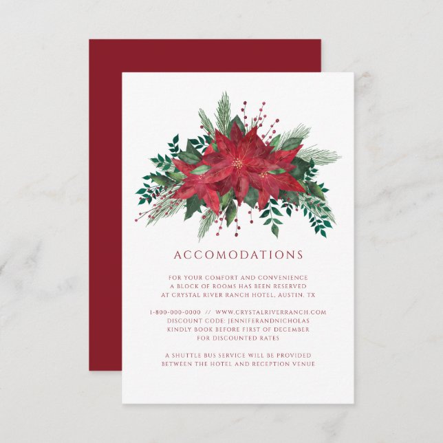 Cartão De Informações Alojamentos de Casamento de Natal Floral Poinsetti (Frente/Verso)