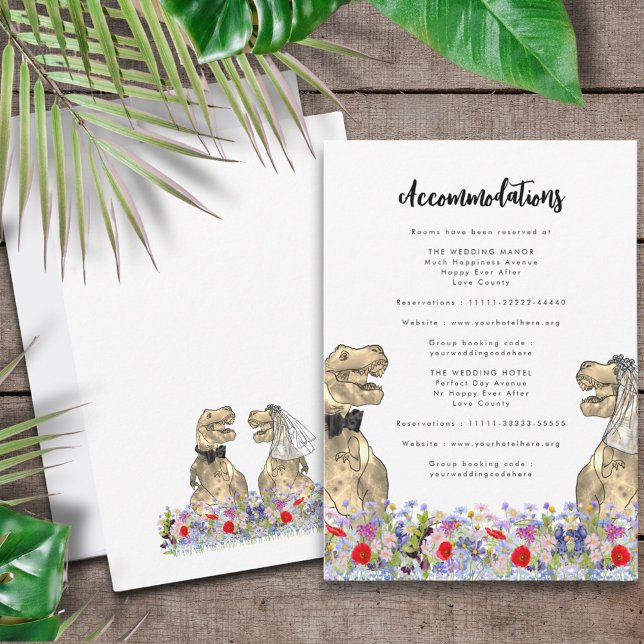 Cartão De Informações Alojamentos de Casamento do Tema Dinossauro (Fun Dinosaur wedding T-Rex bride and groom colorful wildflowers accommodations enclosure card)