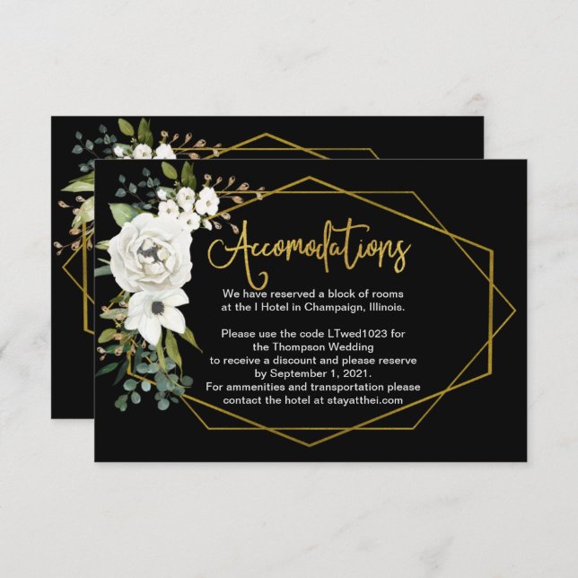 Cartão De Informações Alojamentos Dourados Florais Brancos Modernos (Frente/Verso)