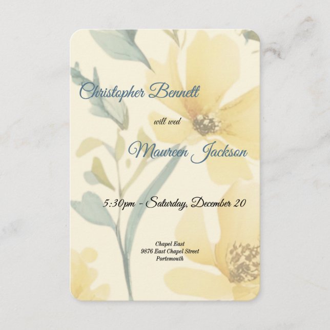 Cartão De Informações Amarelo-Manteiga Azul-Pálido Aquarela Floral (Frente)