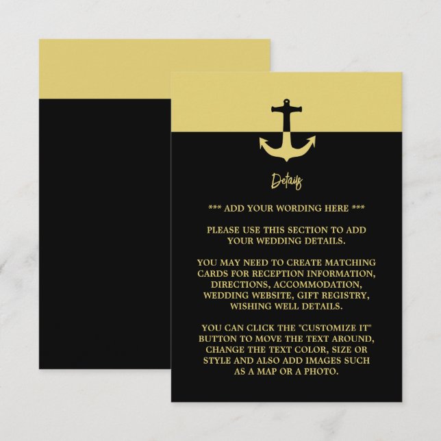 Cartão De Informações Âncora Náutica - Dourado Negro - Detalhe do Casame (Frente/Verso)