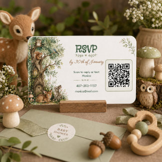 Cartão De Informações Animais da Floresta Chá de Bebê Código QR RSVP