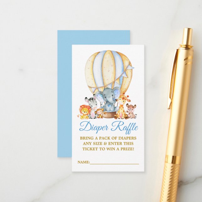 Cartão De Informações Animais Safari Fralda Balão Azul Chá Raffle (Frente/Verso In Situ)