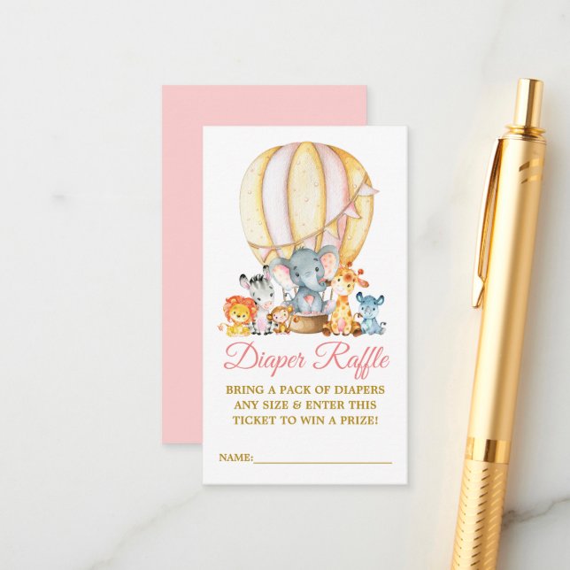Cartão De Informações Animais Safari Fralda-rosa-balão Chá-Raffle (Frente/Verso In Situ)