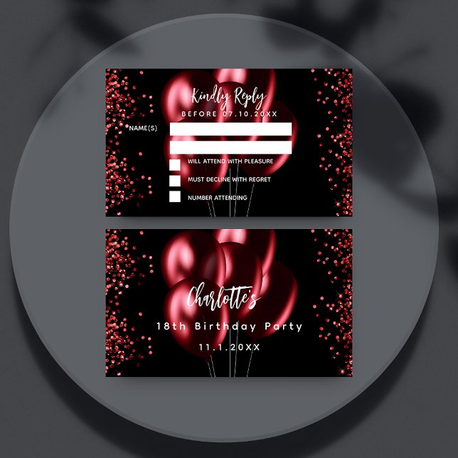 Cartão De Informações Aniversário do partido negro dos balões vermelhos  (Criador carregado)