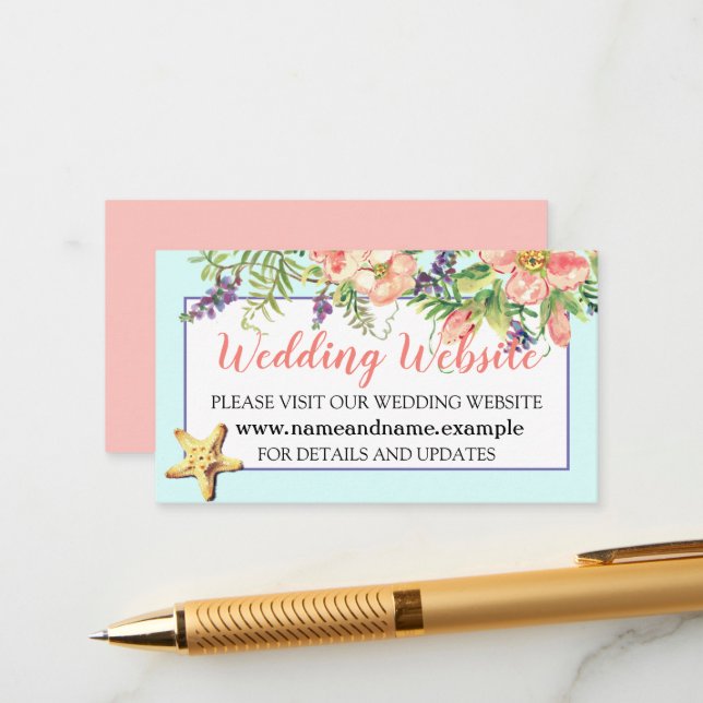 Cartão De Informações Aqua Beach Wedding Floral Seashells Pearl Website (Frente/Verso In Situ)