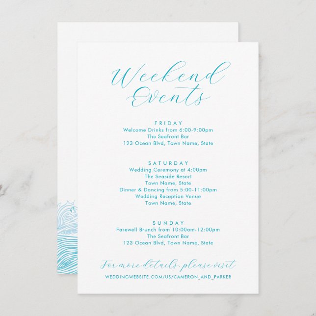 Cartão De Informações Aqua Blue Weekend Events Ocean Waves Beach Wedding (Frente/Verso)