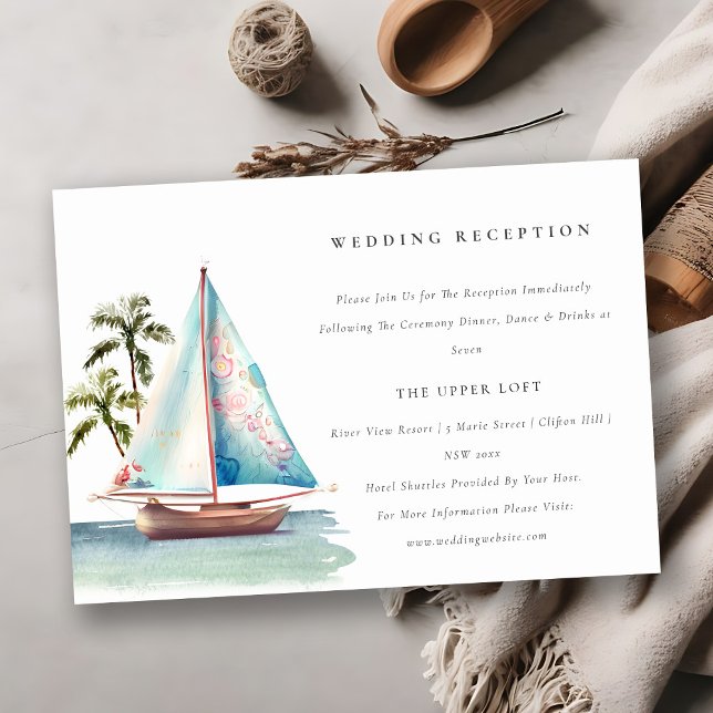 Cartão De Informações Aqua Teal Sailboat Palm Recepção de casamento (Criador carregado)