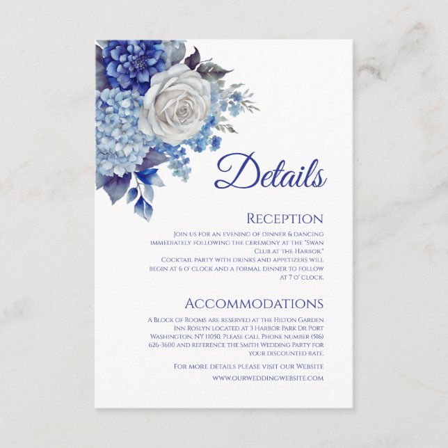 Cartão De Informações Aquarela Buquê de Flores Azuis-Casamento- (Frente)