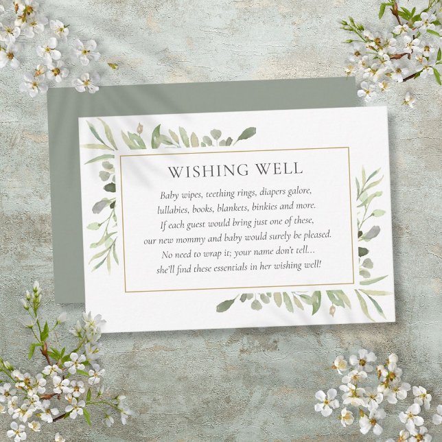 Cartão De Informações Aquarela Chá de fraldas verde (Watercolor Greenery Baby Shower Wishing Well Enclosure Card)